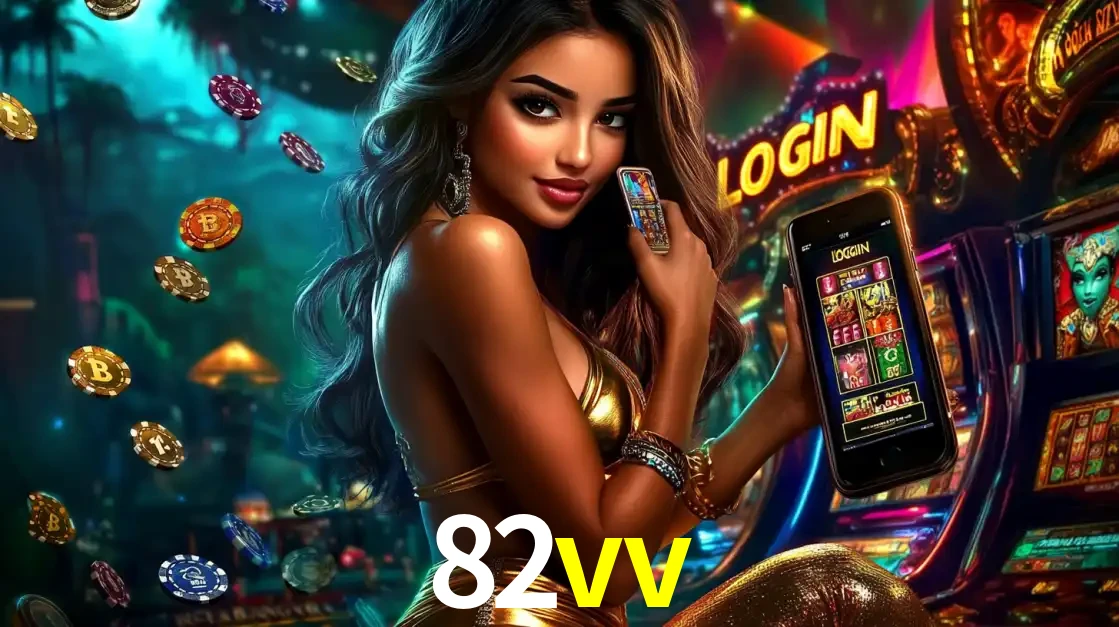 Mulher em um cenário de cassino temático de aventura, mostrando o app de caça-níqueis da 82vv no celular. Fichas de apostas flutuam ao redor.