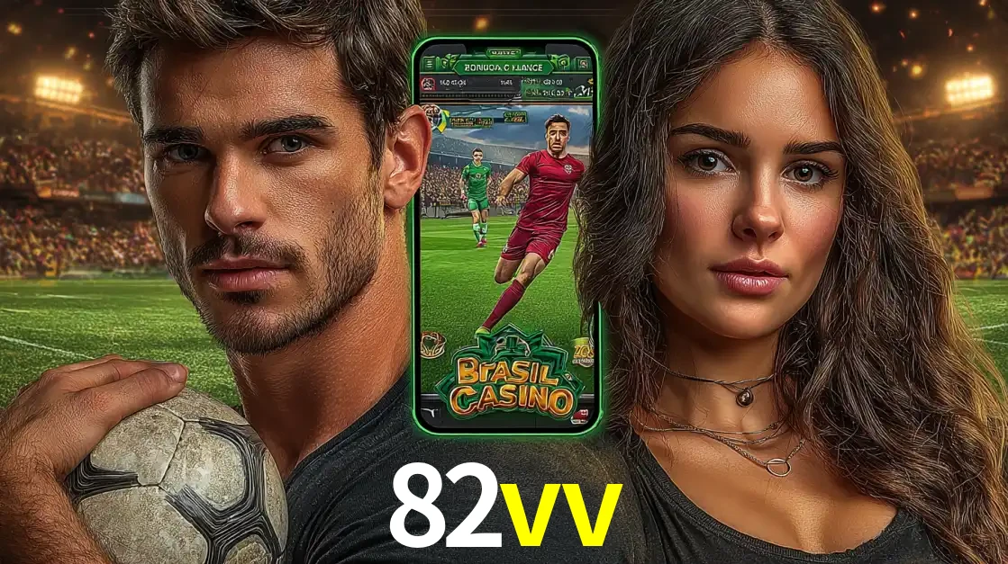 Homem segurando uma bola de futebol e uma mulher ao lado de um smartphone exibindo o jogo de apostas esportivas da 82vv. Faça seu palpite no cassino online.